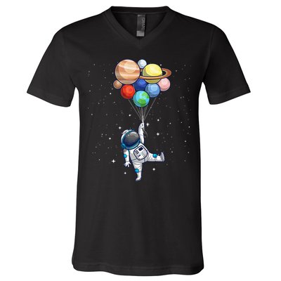 Funny Astronaut With Planets In Hand V-Neck T-Shirt