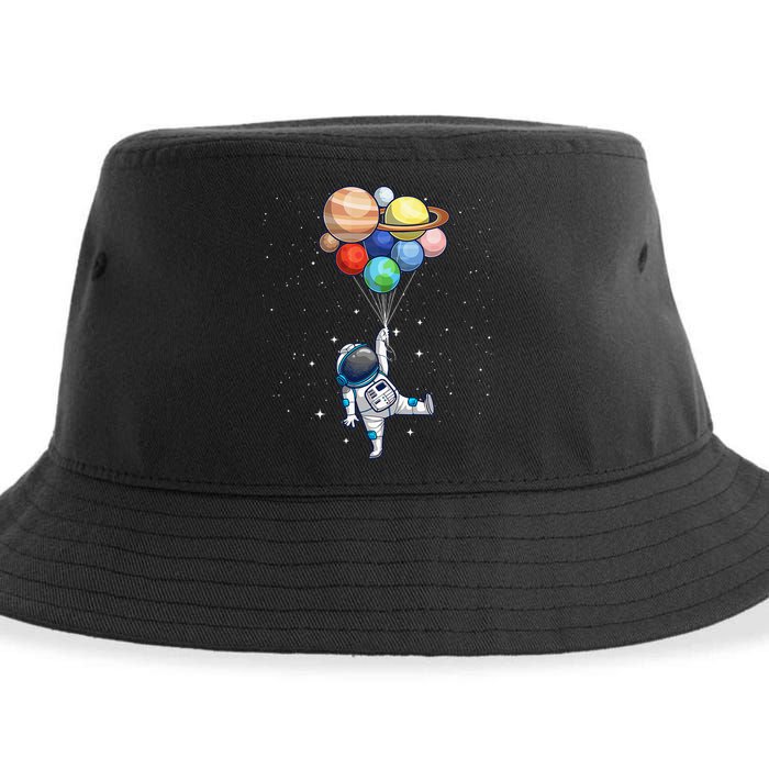 Funny Astronaut With Planets In Hand Sustainable Bucket Hat