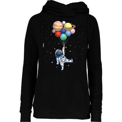 Funny Astronaut With Planets In Hand Womens Funnel Neck Pullover Hood
