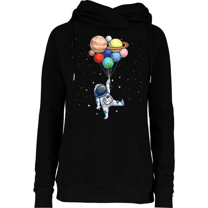 Funny Astronaut With Planets In Hand Womens Funnel Neck Pullover Hood