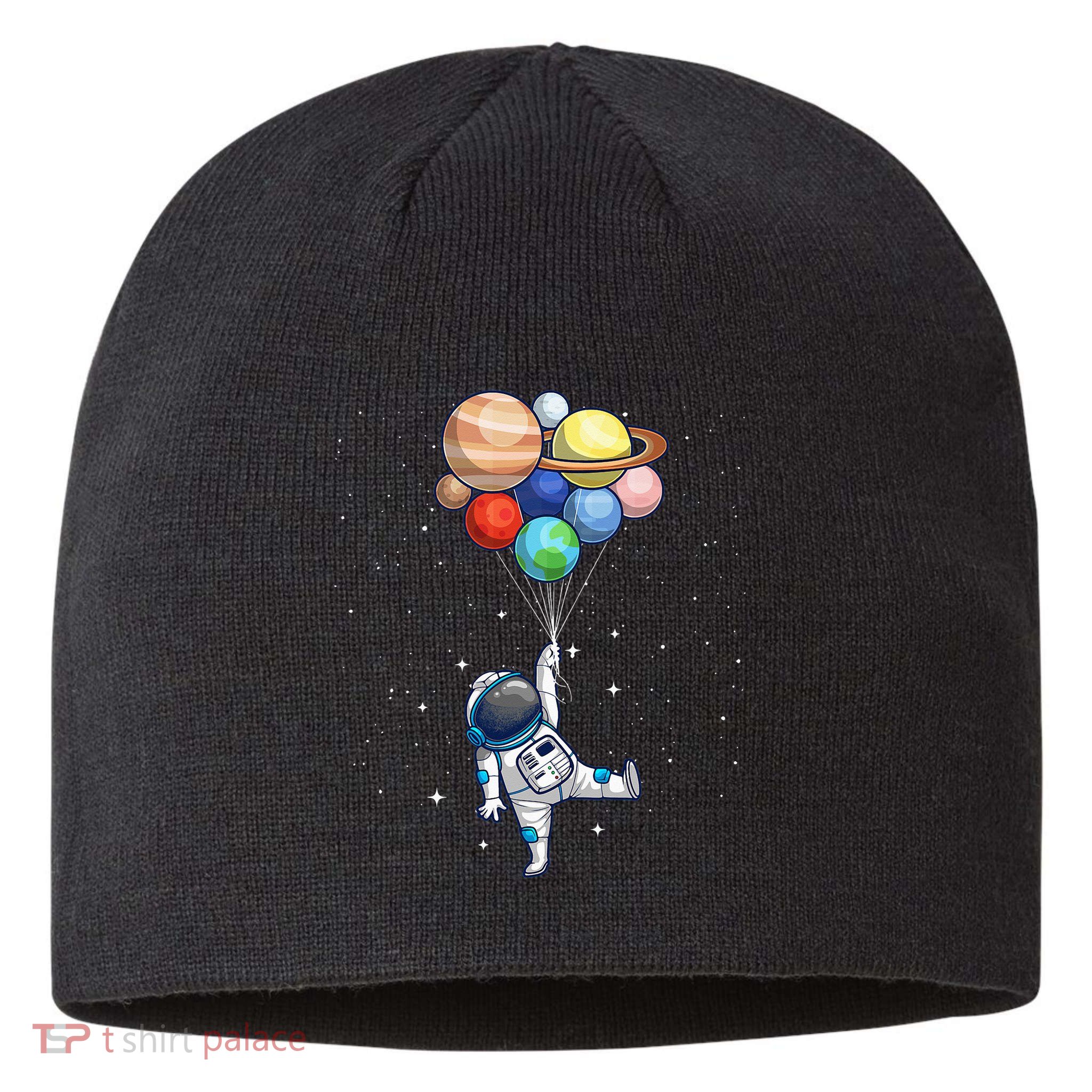 Funny Astronaut With Planets In Hand Sustainable Beanie
