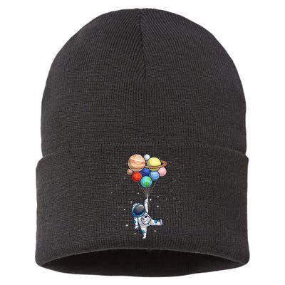 Funny Astronaut With Planets In Hand Sustainable Knit Beanie