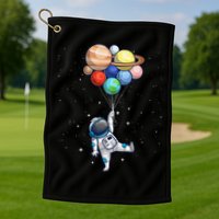 Funny Astronaut With Planets In Hand Golf Towel