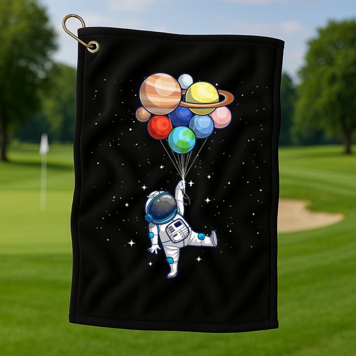 Funny Astronaut With Planets In Hand Golf Towel