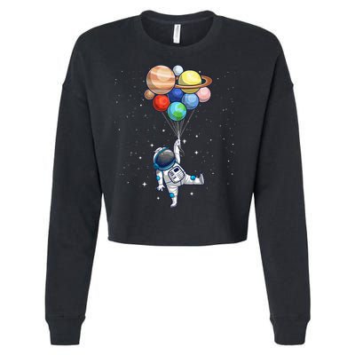 Funny Astronaut With Planets In Hand Cropped Pullover Crew