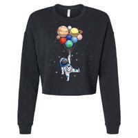 Funny Astronaut With Planets In Hand Cropped Pullover Crew