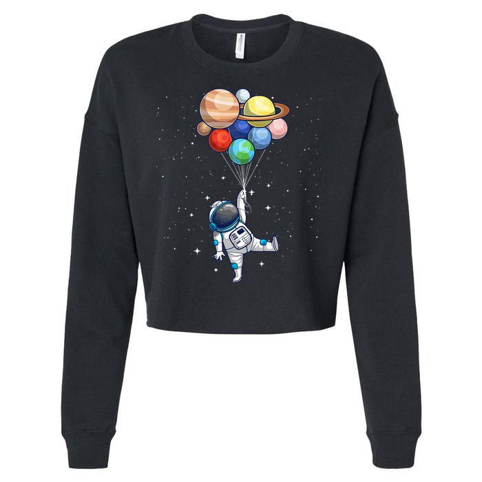 Funny Astronaut With Planets In Hand Cropped Pullover Crew