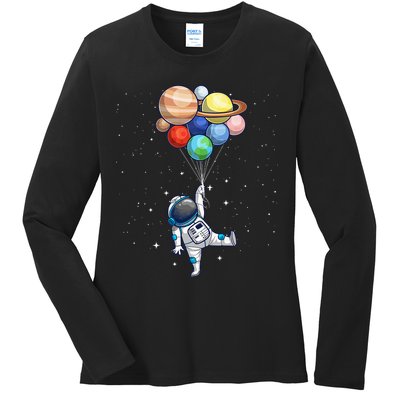 Funny Astronaut With Planets In Hand Ladies Long Sleeve Shirt