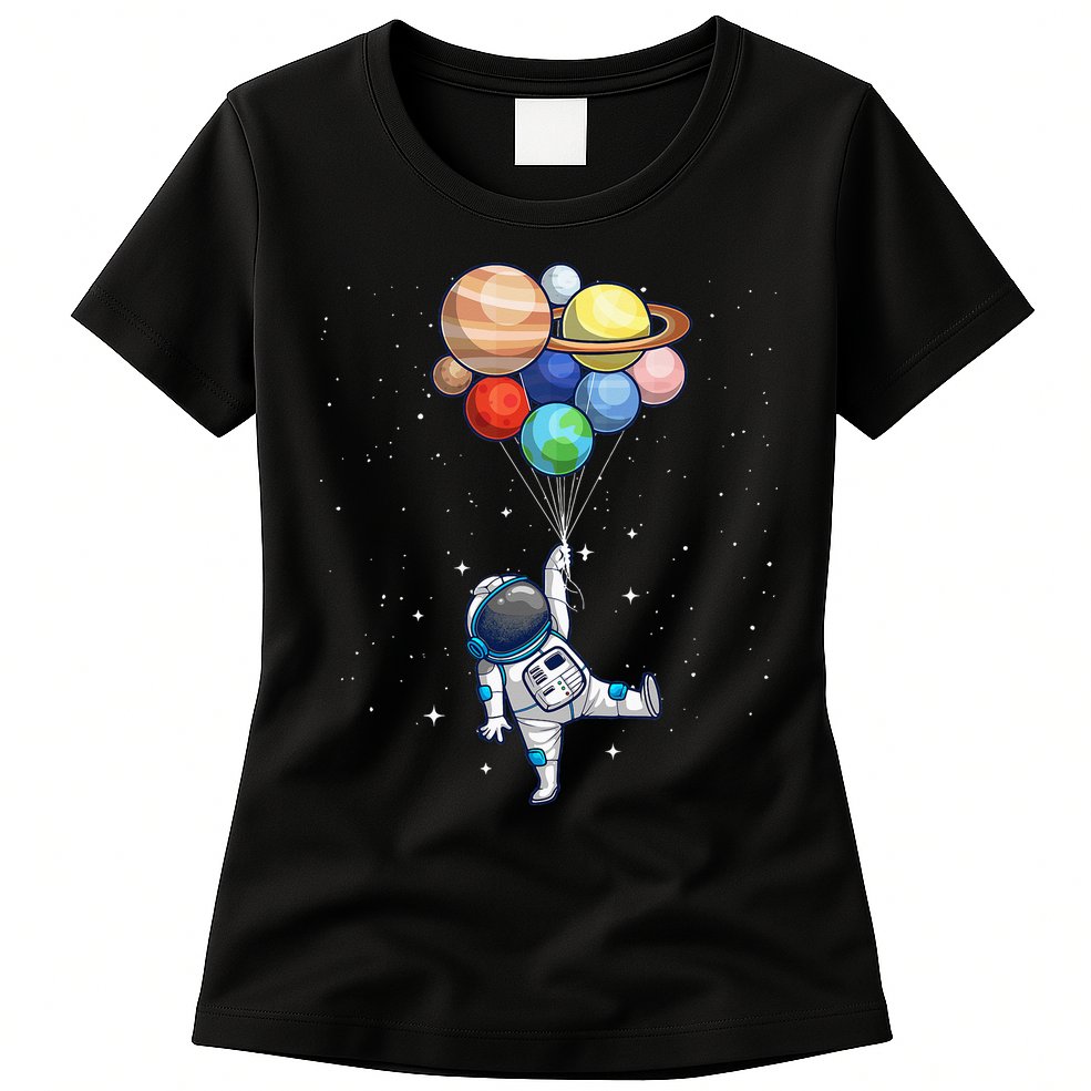 Funny Astronaut With Planets In Hand Womens T-Shirt