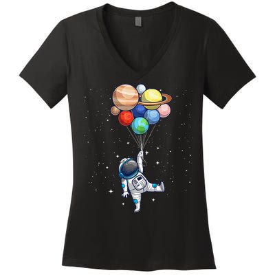 Funny Astronaut With Planets In Hand Women's V-Neck T-Shirt