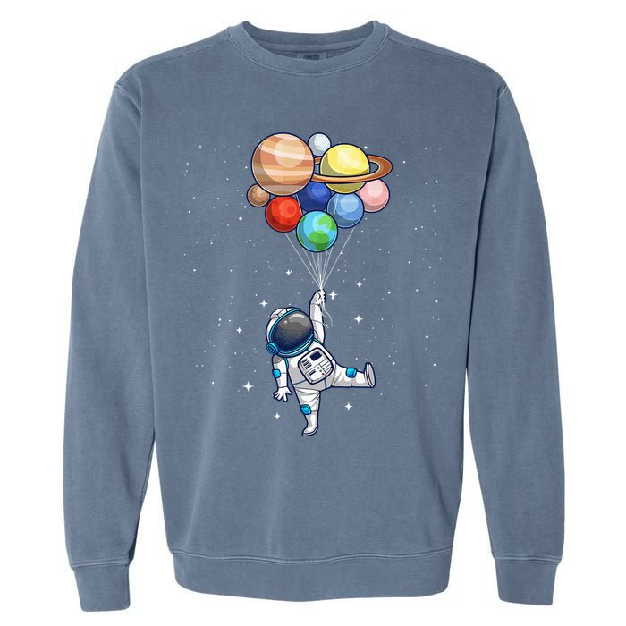 Funny Astronaut With Planets In Hand Garment-Dyed Sweatshirt