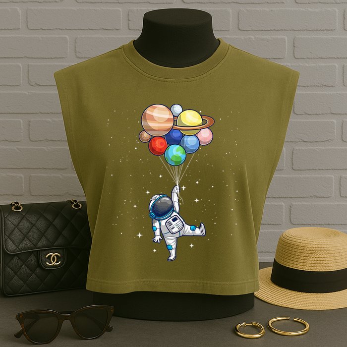 Funny Astronaut With Planets In Hand Garment-Dyed Women's Muscle Tee