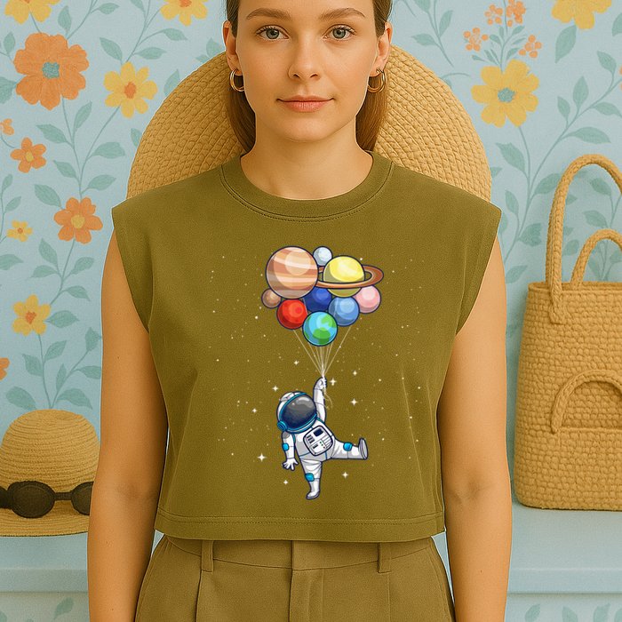 Funny Astronaut With Planets In Hand Garment-Dyed Women's Muscle Tee