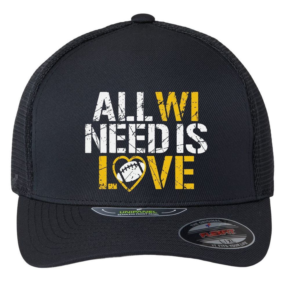 Funny All Wi Need Is Love Green Bay Flexfit Unipanel Trucker Cap