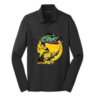 Fishing Art Wave Sunset Silk Touch Performance Long Sleeve Polo