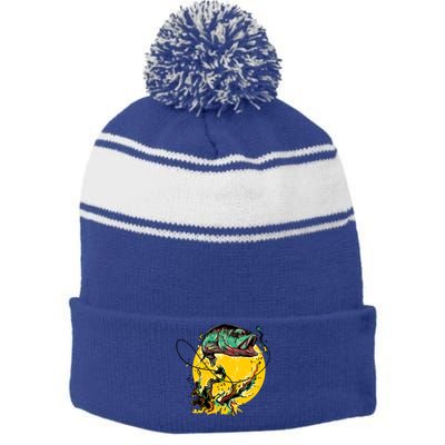 Fishing Art Wave Sunset Stripe Pom Pom Beanie