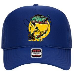 Fishing Art Wave Sunset High Crown Mesh Back Trucker Hat