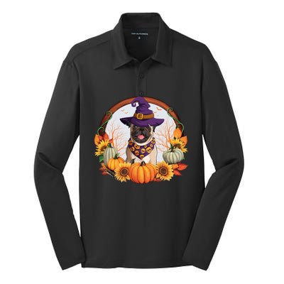 Fall Autumn Witchy Pug Dog Halloween Costume Gift Silk Touch Performance Long Sleeve Polo