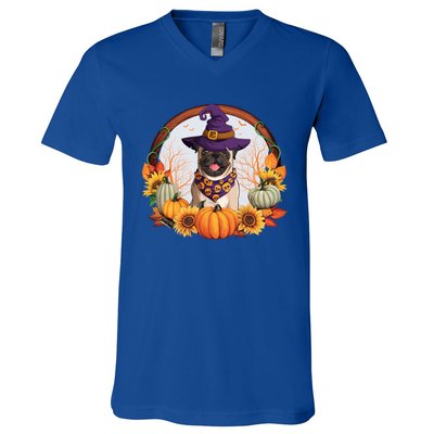 Fall Autumn Witchy Pug Dog Halloween Costume Gift V-Neck T-Shirt