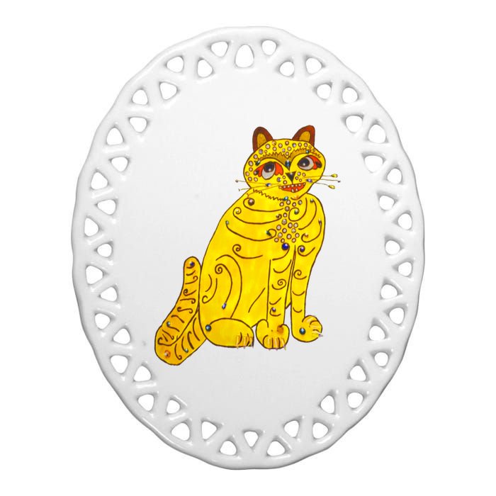 Funny Abba Yellow Cat Ceramic Oval Ornament