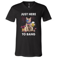 Funny Beer 4th Of July Cat Lover Just Here To Bang Usa Flag Gift V-Neck T-Shirt