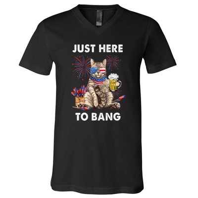 Funny Beer 4th Of July Cat Lover Just Here To Bang Usa Flag Gift V-Neck T-Shirt