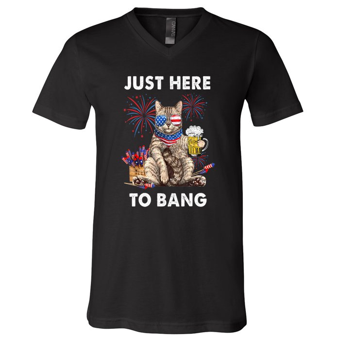 Funny Beer 4th Of July Cat Lover Just Here To Bang Usa Flag Gift V-Neck T-Shirt