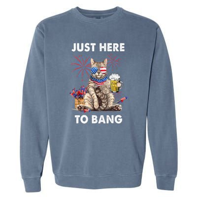 Funny Beer 4th Of July Cat Lover Just Here To Bang Usa Flag Gift Garment-Dyed Sweatshirt