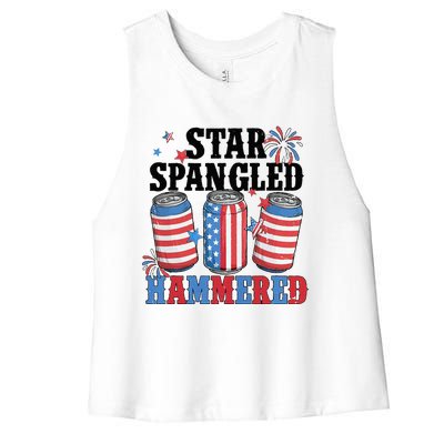 Funny Beer 4th Of July Tee Getting Star Spangled Hammered Women's Racerback Cropped Tank