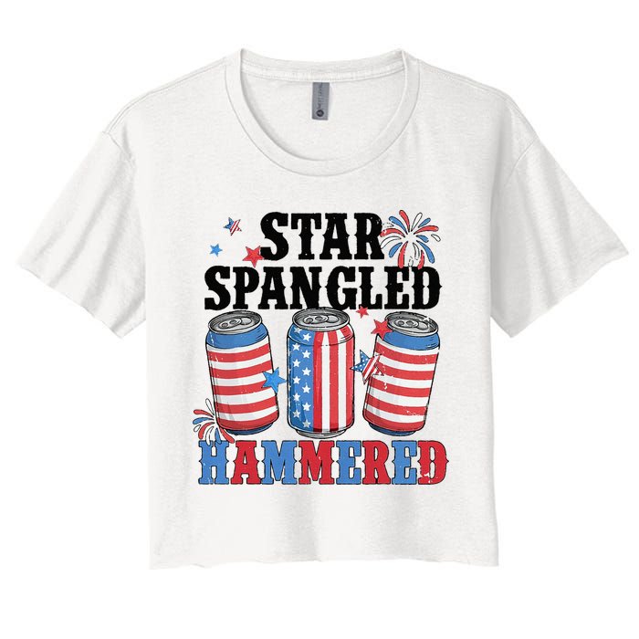 Funny Beer 4th Of July Tee Getting Star Spangled Hammered Crop Top