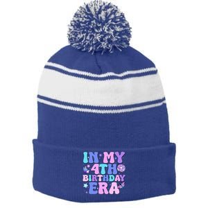 Four Bday 4 Year Old Stripe Pom Pom Beanie