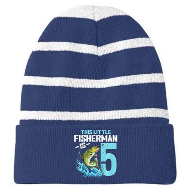 Fishing Birthday 5 Year Old Fisher 5th Bday Striped Beanie with Solid Band