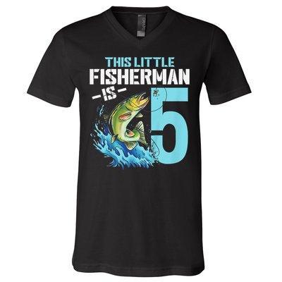 Fishing Birthday 5 Year Old Fisher 5th Bday V-Neck T-Shirt