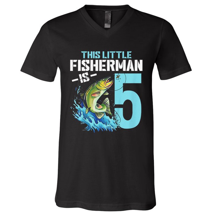 Fishing Birthday 5 Year Old Fisher 5th Bday V-Neck T-Shirt