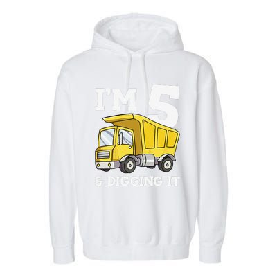 Funny Birthday 5 Five Construction Truck Party 5th Birthday Gift Garment-Dyed Fleece Hoodie