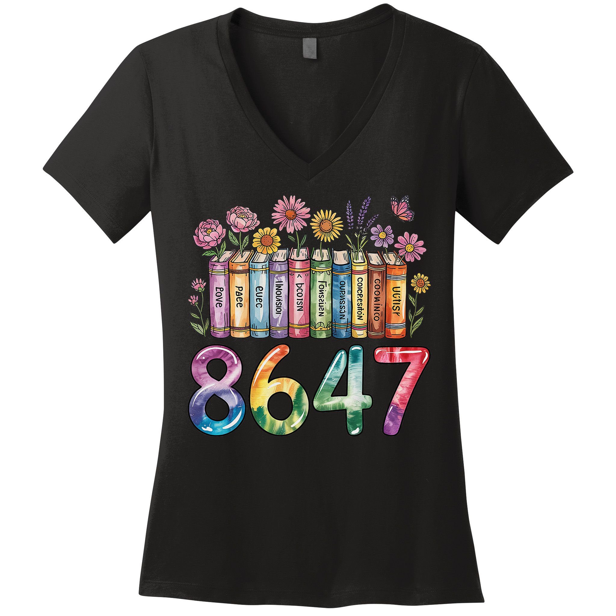 Floral Bookshelf 8647 Inclusion And Love Teacher Women's V-Neck T-Shirt