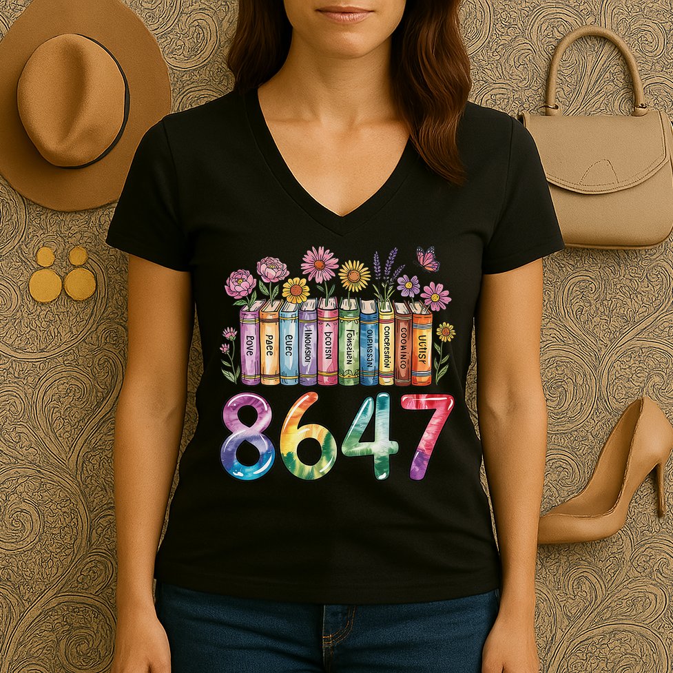 Floral Bookshelf 8647 Inclusion And Love Teacher Women's V-Neck T-Shirt