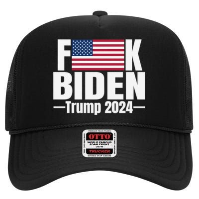 Fuck Biden American Flag Trump 2024 High Crown Mesh Back Trucker Hat