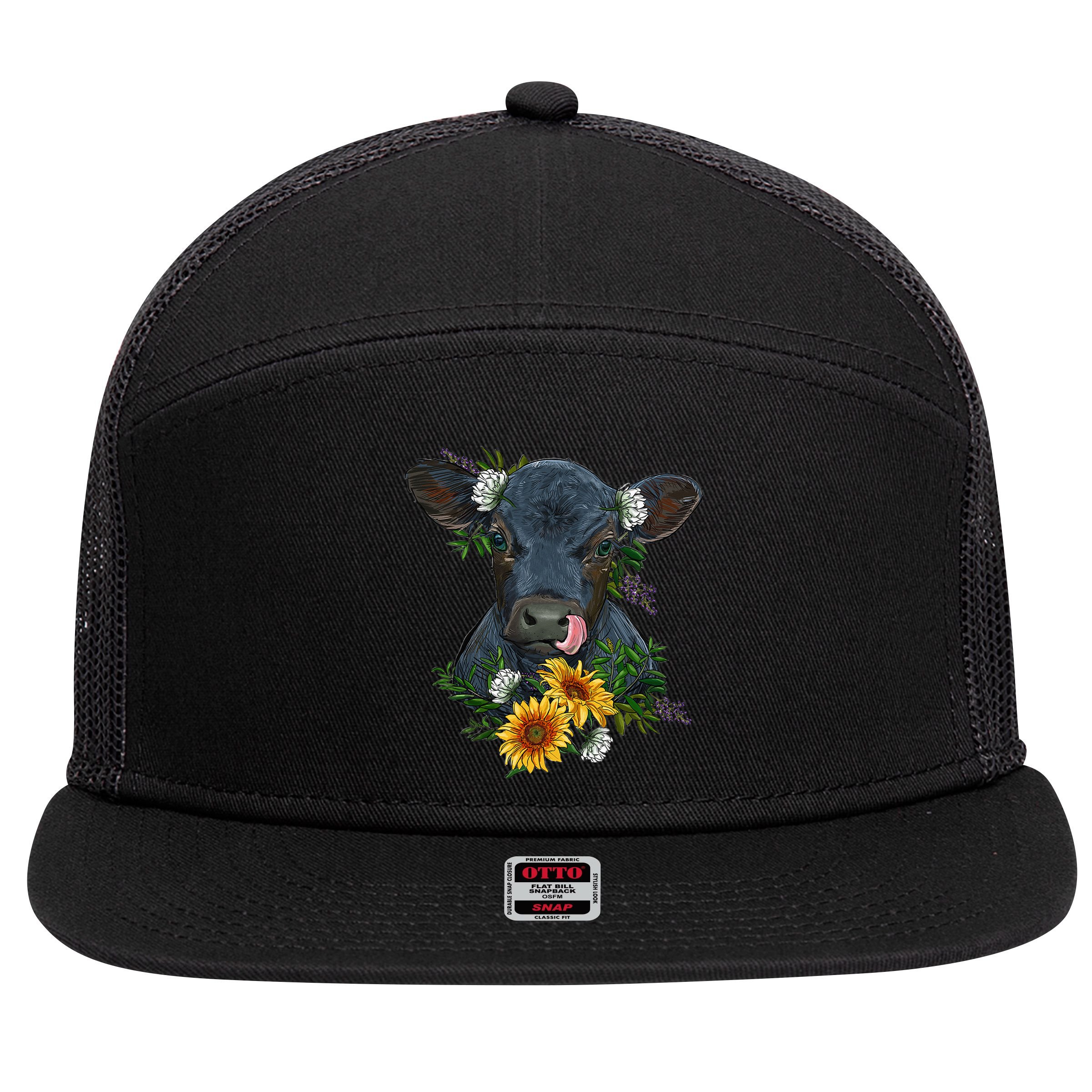 flower Black Angus Calf Cow Farm Animals 7 Panel Mesh Trucker Snapback Hat