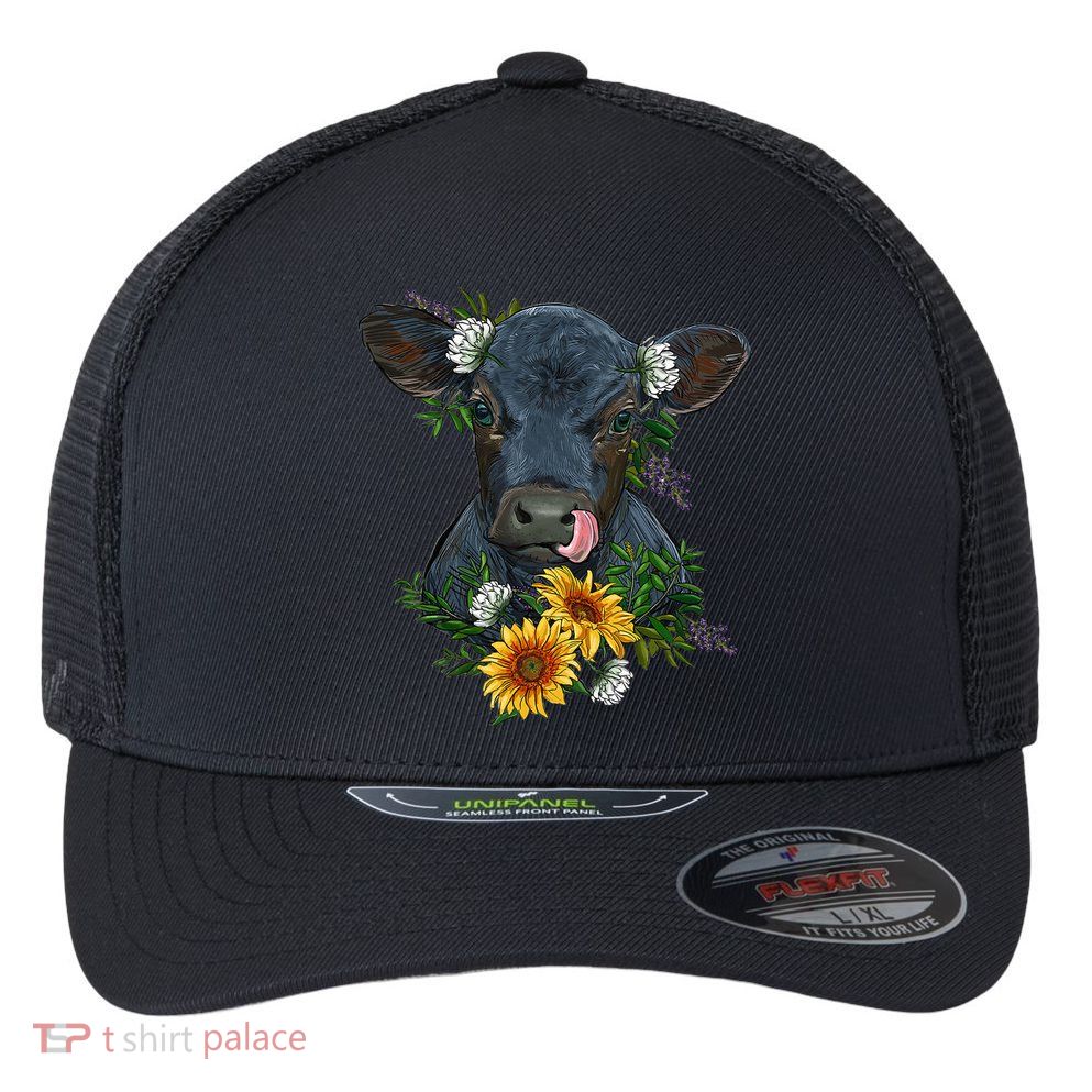 flower Black Angus Calf Cow Farm Animals Flexfit Unipanel Trucker Cap