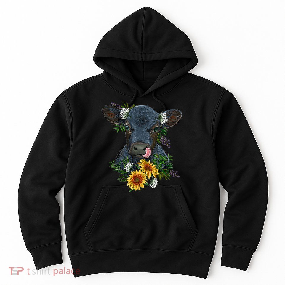 flower Black Angus Calf Cow Farm Animals Hoodie