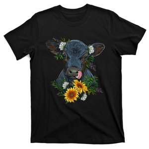 flower Black Angus Calf Cow Farm Animals T-Shirt