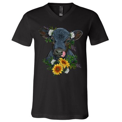 flower Black Angus Calf Cow Farm Animals V-Neck T-Shirt