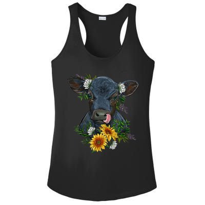flower Black Angus Calf Cow Farm Animals Ladies PosiCharge Competitor Racerback Tank