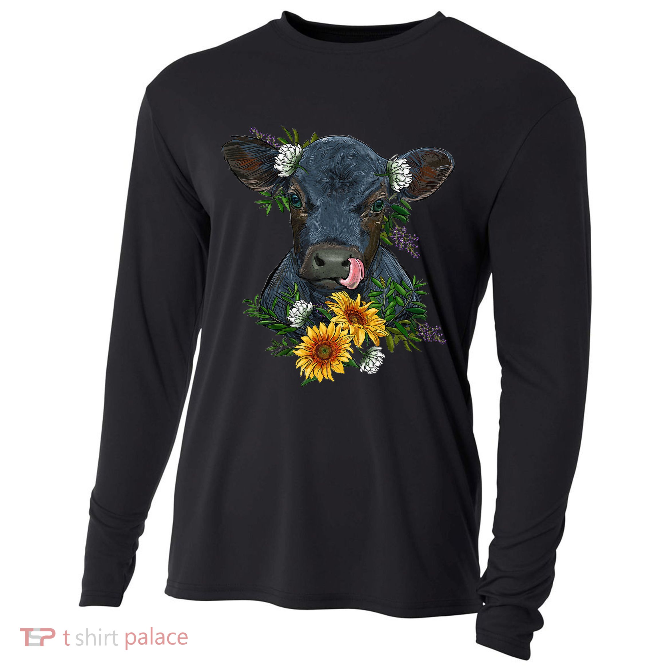 flower Black Angus Calf Cow Farm Animals Cooling Performance Long Sleeve Crew