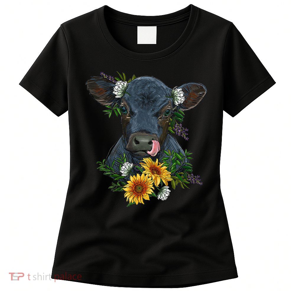 flower Black Angus Calf Cow Farm Animals Womens T-Shirt