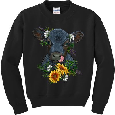 flower Black Angus Calf Cow Farm Animals Kids Sweatshirt