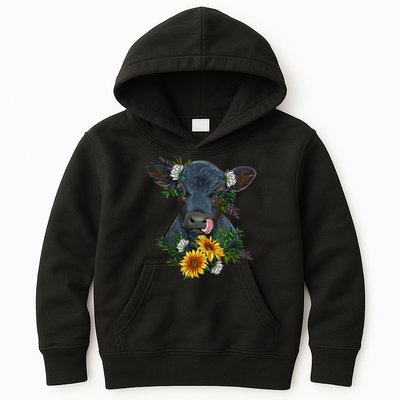 flower Black Angus Calf Cow Farm Animals Kids Hoodie