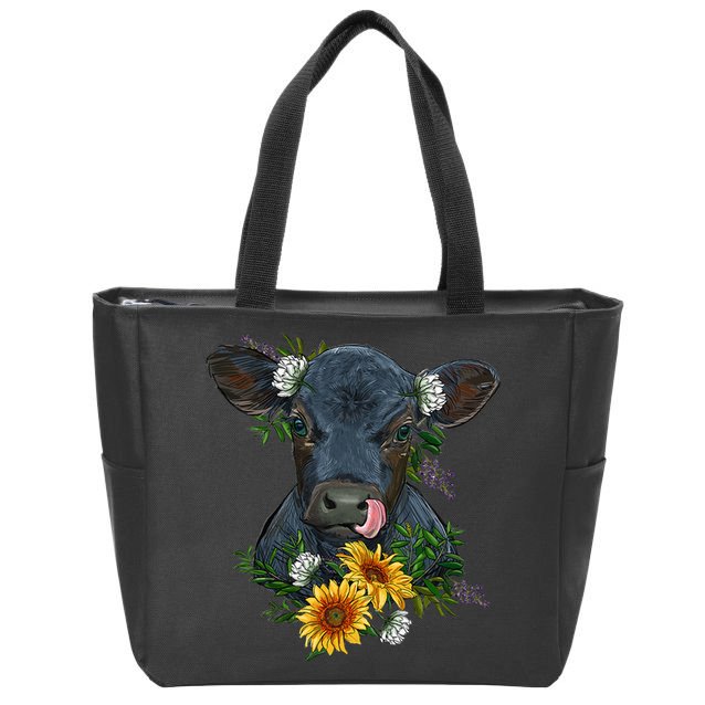 flower Black Angus Calf Cow Farm Animals Zip Tote Bag