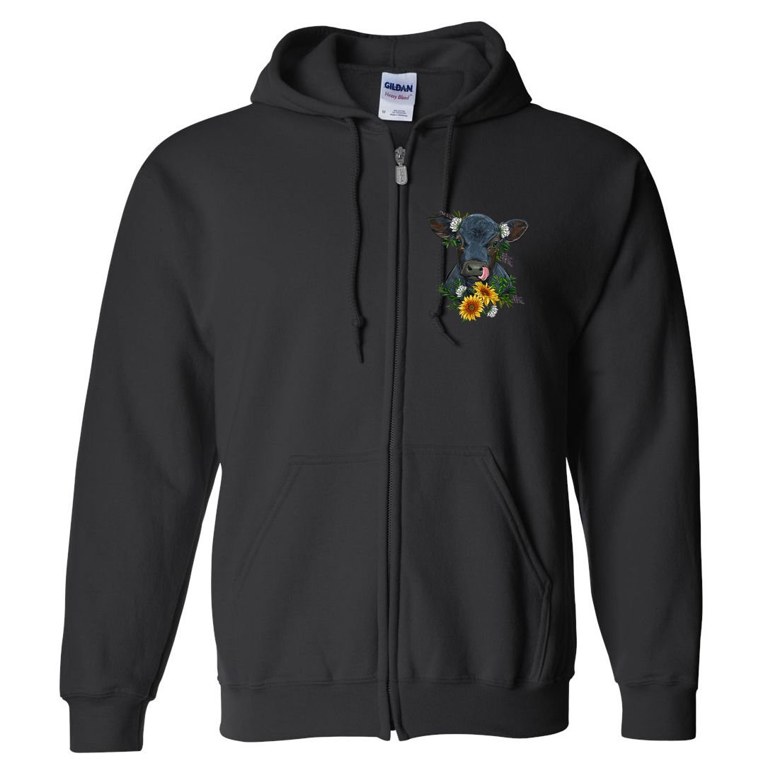 flower Black Angus Calf Cow Farm Animals Full Zip Hoodie